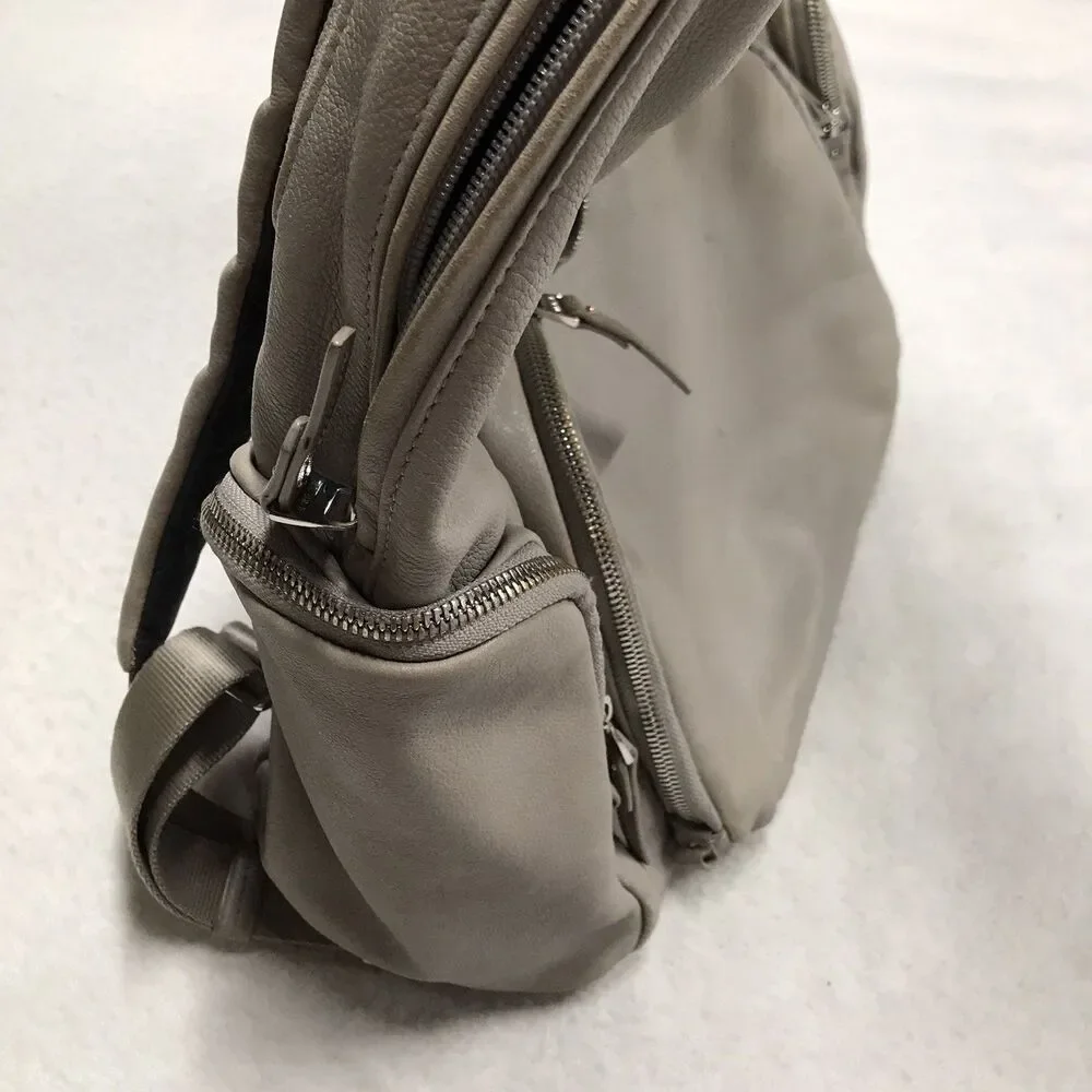 TUMI Voyageur Calais Laptop Backpack Leather Travel Gray Side Zip Padded Shoulde